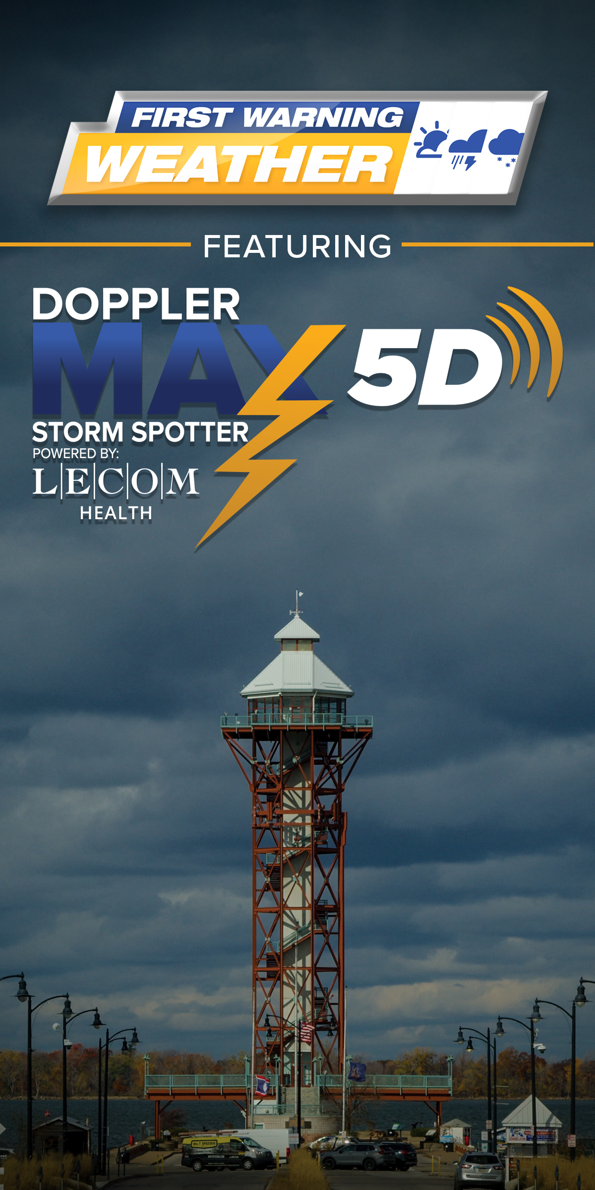 Erie Weather app launch screen featuring First Warning Weather and Doppler Max 5D Storm Spotter